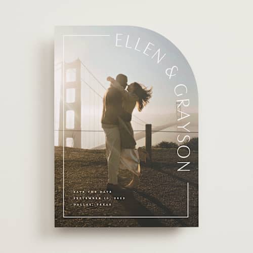 This is a snow save the date with standard by Lauren Chism called take shape printing on recycled smooth signature in standard