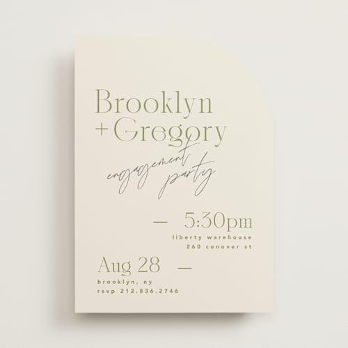 This is a olive engagement party invitations with standard by Kristie Kern called brooklyn printing on signature in standard