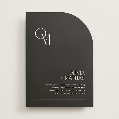 This is a charcoal foil stamped wedding invitations with foil pressed by Kelly Schmidt called modern corner printing on signature in standard