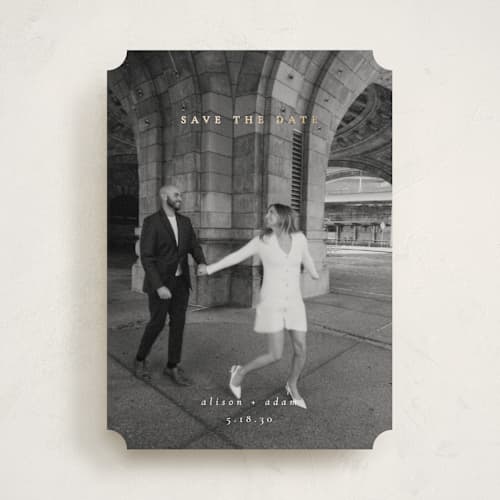 This is a cotton foil stamped save the date cards with foil pressed by Amy Kross called veneer printing on recycled smooth signature in standard