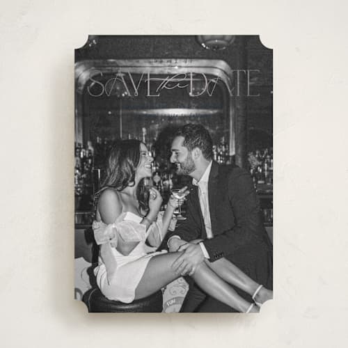 This is a ocean foil stamped save the date cards with foil pressed by Brooke Chandler called elegant fete printing on recycled smooth signature in standard