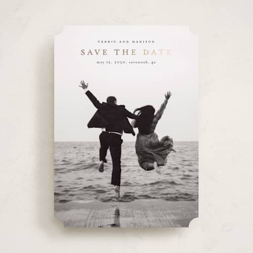This is a ink foil stamped save the date cards with foil pressed by Stacey Meacham called uncomplicated printing on recycled smooth signature in standard
