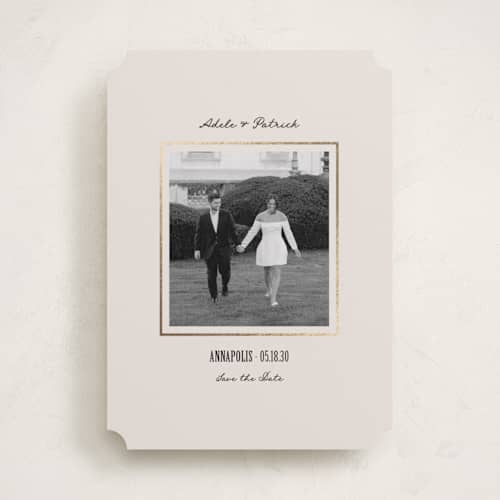 This is a cameo foil stamped save the date cards with foil pressed by Kristen Juckiewicz called treasured printing on recycled smooth signature in standard