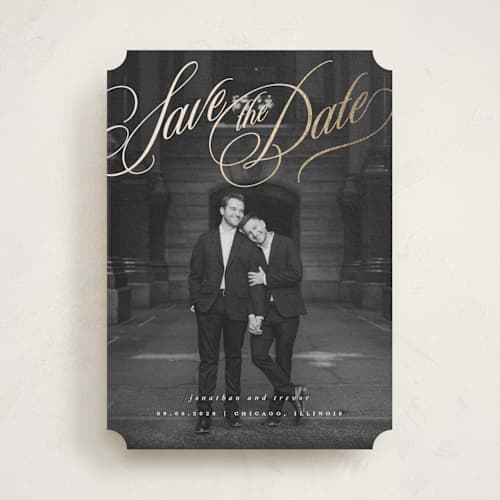 This is a powder foil stamped save the date cards with foil pressed by Stacy Maalouf called formal script printing on recycled smooth signature in standard
