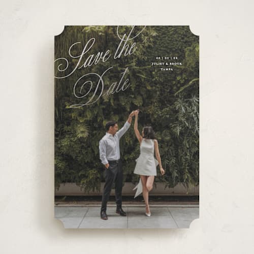 This is a pearl foil stamped save the date cards with foil pressed by Pixel and Hank called enamored printing on recycled smooth signature in standard