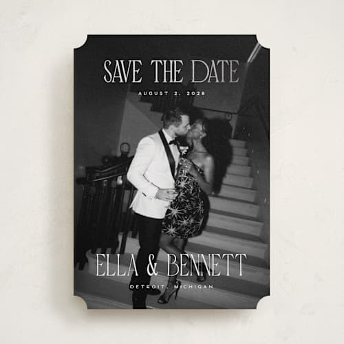 This is a snow foil stamped save the date cards with foil pressed by Pixel and Hank called gaze printing on recycled smooth signature in standard