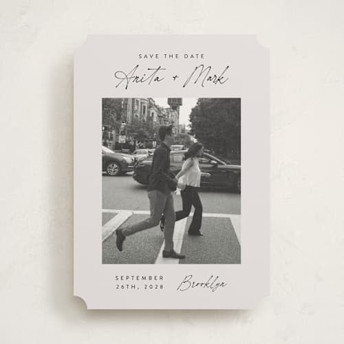 This is a eggshell save the date with standard by Paper Raven Co. called moment in time printing on recycled smooth signature in standard