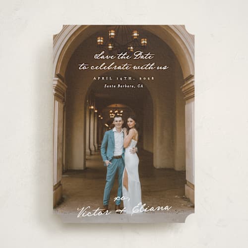 This is a ivory save the date with standard by Alethea and Ruth called celebration xo printing on recycled smooth signature in standard