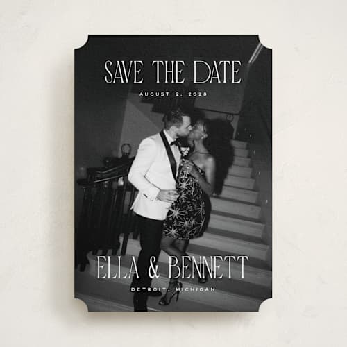 This is a snow save the date with standard by Pixel and Hank called gaze printing on recycled smooth signature in standard