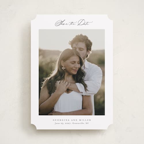 This is a cotton save the date with standard by Stacey Meacham called modern air printing on recycled smooth signature in standard