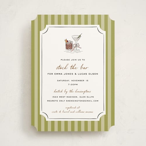 This is a olive bridal shower invitations with standard by Erin German called stock the barware printing on signature in standard