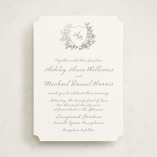 This is a moonlit onyx foil stamped wedding invitations with foil pressed by Cass Loh called boho flower crest printing on signature in standard