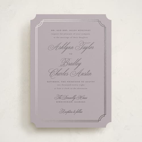 This is a dusty lilac foil stamped wedding invitations with foil pressed by Sarah Brown called formally printing on signature in standard
