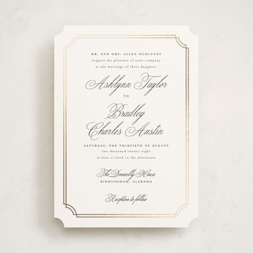 This is a porcelain foil stamped wedding invitations with foil pressed by Sarah Brown called formally printing on signature in standard