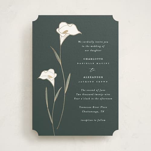 This is a forest foil stamped wedding invitations with foil pressed by Stacey Meacham called elegant lillies printing on signature in standard