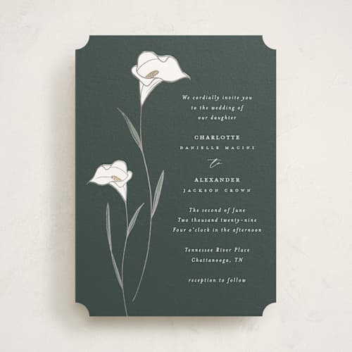 This is a forest foil stamped wedding invitations with foil pressed by Stacey Meacham called elegant lillies printing on signature in standard