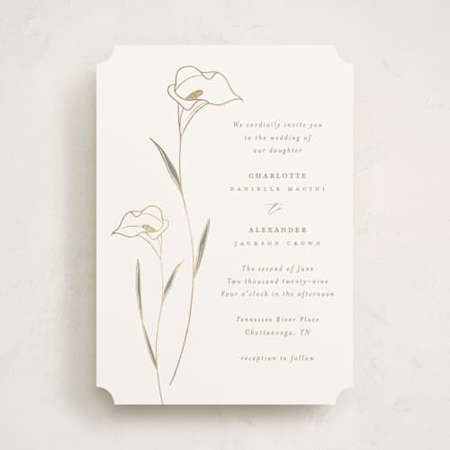 This is a cotton foil stamped wedding invitations with foil pressed by Stacey Meacham called elegant lillies printing on signature in standard