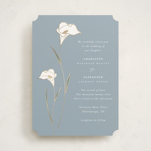 This is a dusty blue foil stamped wedding invitations with foil pressed by Stacey Meacham called elegant lillies printing on signature in standard
