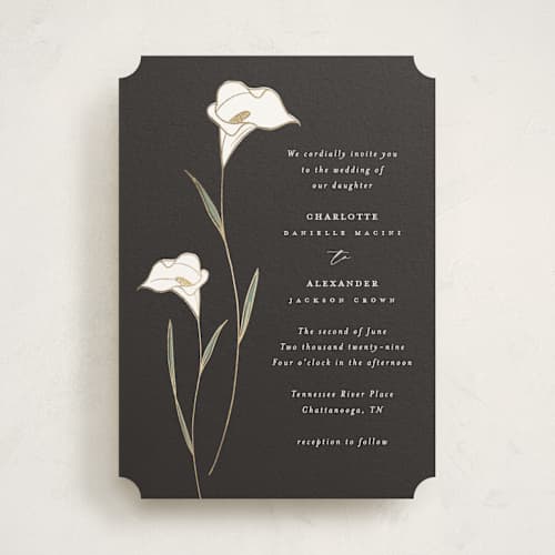 This is a ink foil stamped wedding invitations with foil pressed by Stacey Meacham called elegant lillies printing on signature in standard