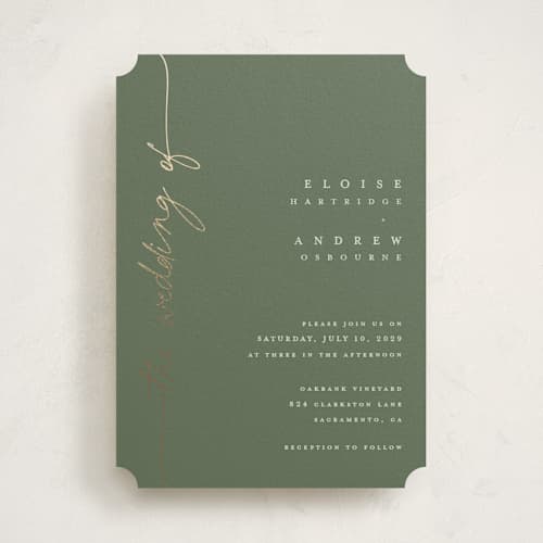 This is a eucalyptus foil stamped wedding invitations with foil pressed by Pippa Shaw called silk printing on signature in standard