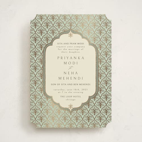 This is a aqua foil stamped wedding invitations with foil pressed by Pati Cascino called aatreya printing on signature in standard