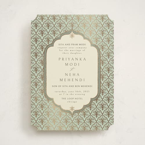 This is a aqua foil stamped wedding invitations with foil pressed by Pati Cascino called aatreya printing on signature in standard