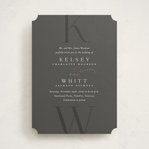 This is a stormy foil stamped wedding invitations with foil pressed by Jessica Williams called over monogram printing on signature in standard