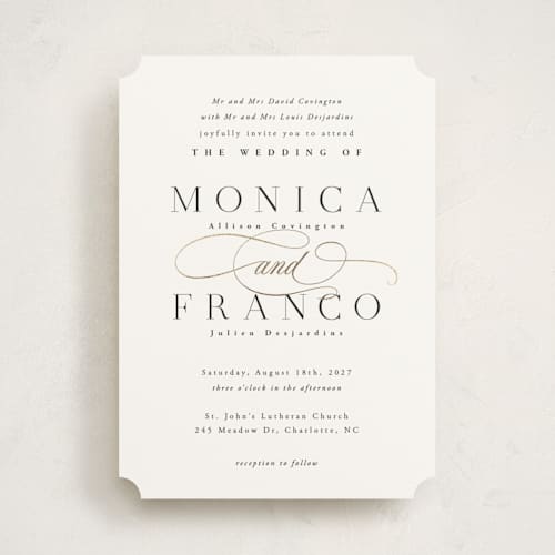 This is a cloud foil stamped wedding invitations with foil pressed by Hooray Creative called and centered printing on signature in standard