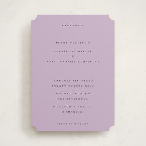 This is a lavender wedding invitations with standard by Blustery August called tarte tatin printing on signature in standard