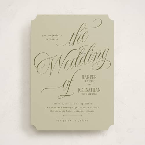 This is a moss wedding invitations with standard by Kate Ahn called mirin printing on signature in standard