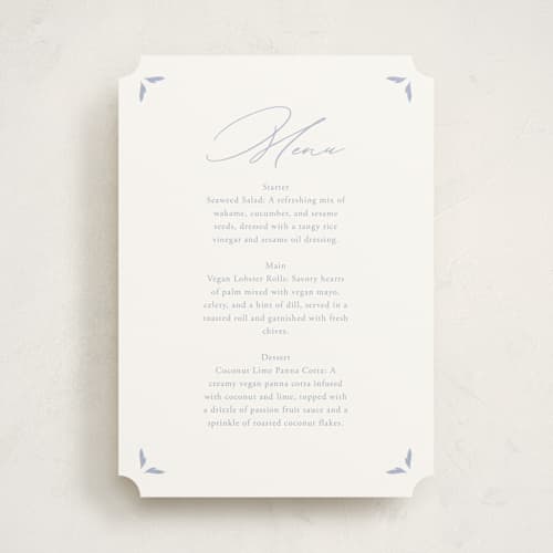 This is a pale cerulean menu cards with standard by Sabrin Deirani called ocean dreams printing on signature in 5x7