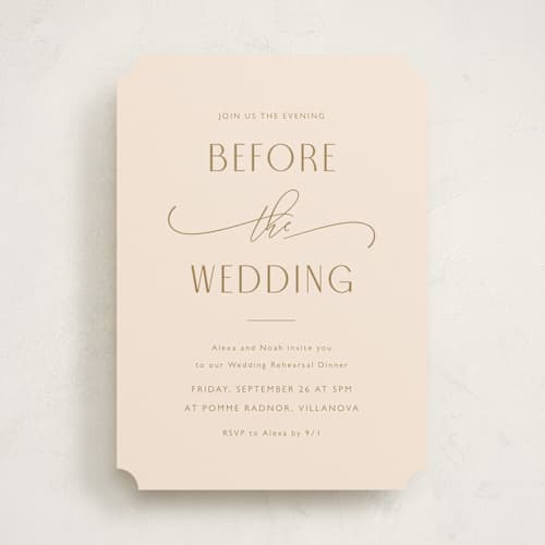 This is a champagne rehearsal dinner invitations with standard by Carolyn MacLaren called flourished rehearsal printing on signature in standard