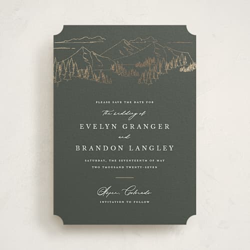 This is a hunter foil stamped save the date cards with foil pressed by Sarah Brown called peaks printing on signature in standard