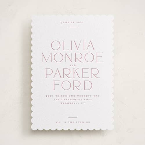 This is a peony letterpress wedding invitations with letterpress by Kristie Kern called monroe printing on white cotton in standard