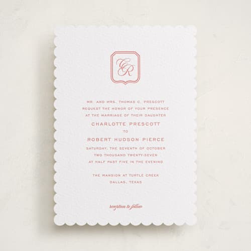 This is a grapefruit letterpress wedding invitations with letterpress by Megan Davis called bowery printing on white cotton in standard