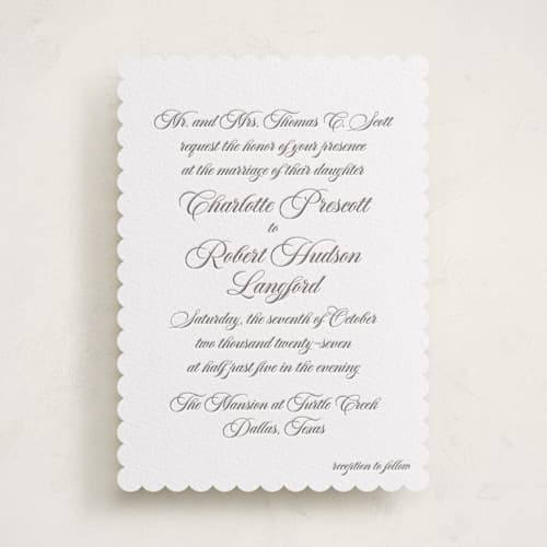 This is a graphite letterpress wedding invitations with letterpress by Megan Davis called lowcountry printing on white cotton in standard