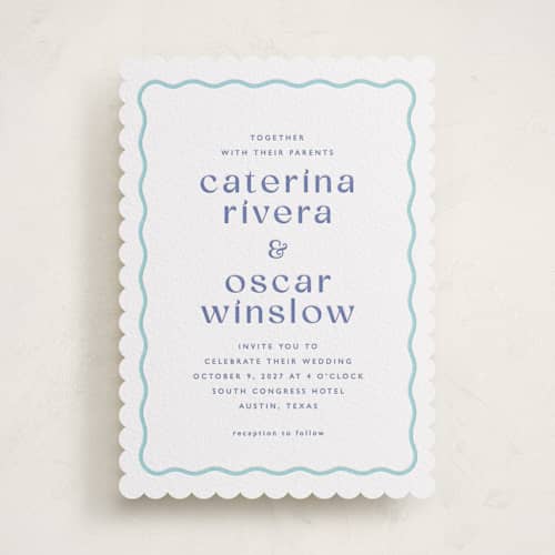 This is a mediterranean letterpress wedding invitations with letterpress by Olivia Raufman called with a twist printing on white cotton in standard