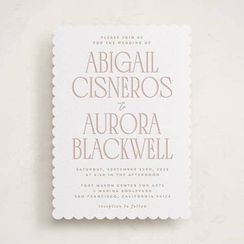 This is a sandstone letterpress wedding invitations with letterpress by JoAnn Jinks called title printing on white cotton in standard
