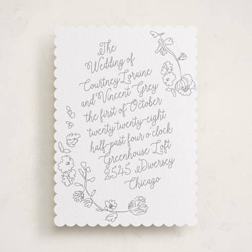 This is a smoke letterpress wedding invitations with letterpress by Baumbirdy called note printing on white cotton in standard