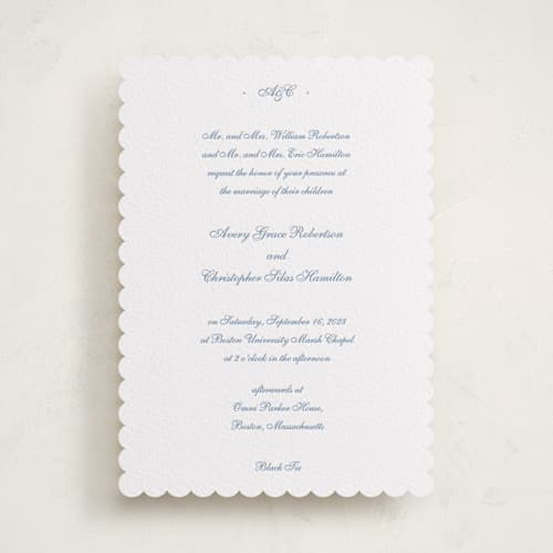 This is a pacific blue letterpress wedding invitations with letterpress by Blustery August called villa printing on white cotton in standard