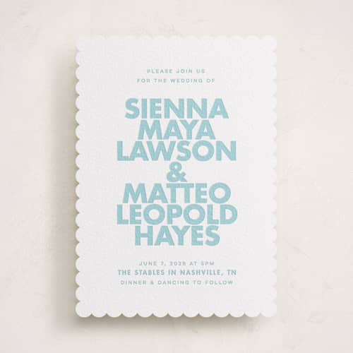 This is a robin's egg letterpress wedding invitations with letterpress by Ellen Schlegelmilch called sienna printing on white cotton in standard