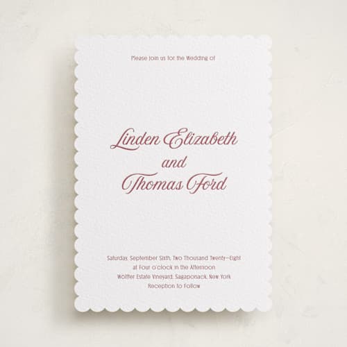 This is a maraschino letterpress wedding invitations with letterpress by Nicoletta Savod called ritzy printing on white cotton in standard
