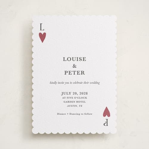 This is a maraschino letterpress wedding invitations with letterpress by Helena Vitto called red hearts printing on white cotton in standard