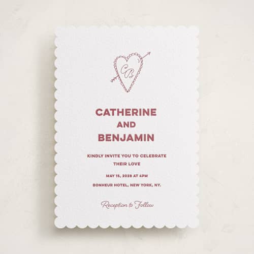 This is a maraschino letterpress wedding invitations with letterpress by Helena Vitto called crazy little thing called love printing on white cotton in standard