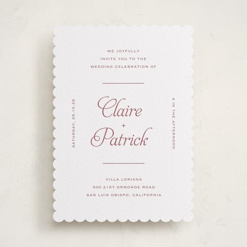 This is a maraschino letterpress wedding invitations with letterpress by Carolyn MacLaren called modernne printing on white cotton in standard