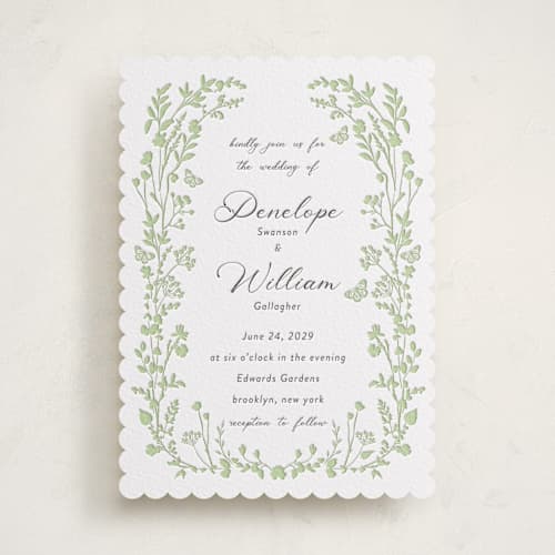 This is a matcha | soft black letterpress wedding invitations with letterpress by Susan Moyal called flower garden printing on white cotton in standard