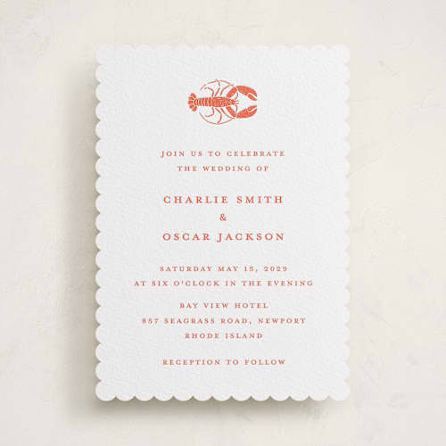 This is a poppy letterpress wedding invitations with letterpress by Pippa Shaw called lobster printing on white cotton in standard