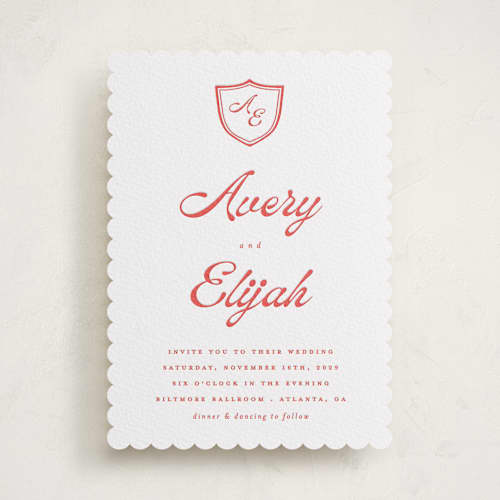 This is a ruby letterpress wedding invitations with letterpress by Morgan Kendall called prep school printing on white cotton in standard