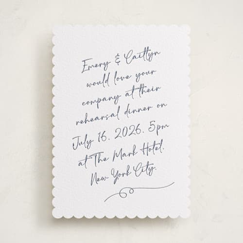 This is a blueberry rehearsal dinner invitations with letterpress by Adelyn T. called ink scribble printing on white cotton in standard
