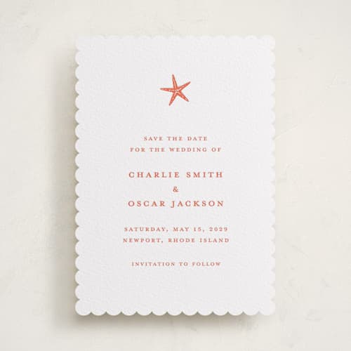 This is a poppy save the date with letterpress by Pippa Shaw called lobster printing on white cotton in standard